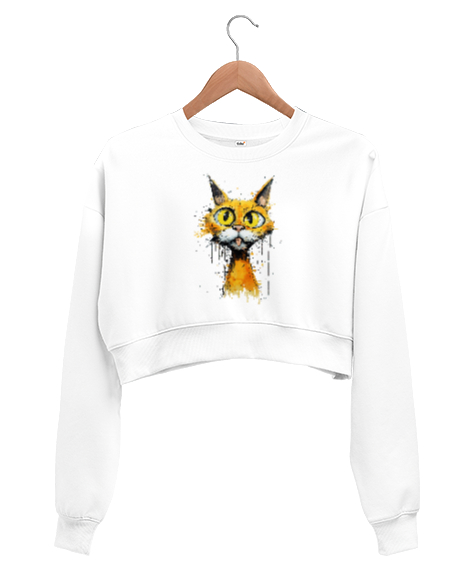 Tisho - Crazy Cat - Deli Kedi Beyaz Kadın Crop Sweatshirt