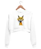 Crazy Cat - Deli Kedi Beyaz Kadın Crop Sweatshirt - Tisho