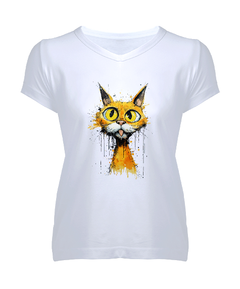Tisho - Crazy Cat - Deli Kedi Beyaz Kadın V Yaka Tişört