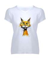 Crazy Cat - Deli Kedi Beyaz Kadın V Yaka Tişört - Tisho