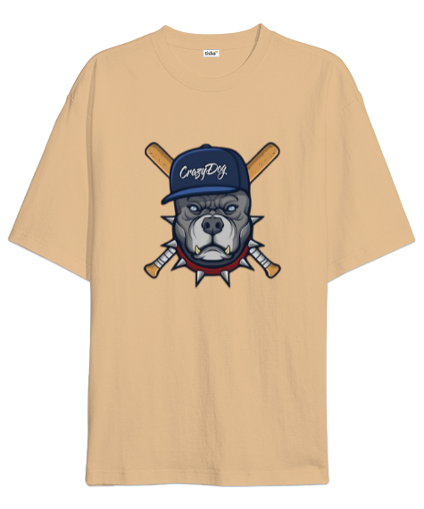 Tisho - Crazy dog baskılı Camel Oversize Unisex Tişört