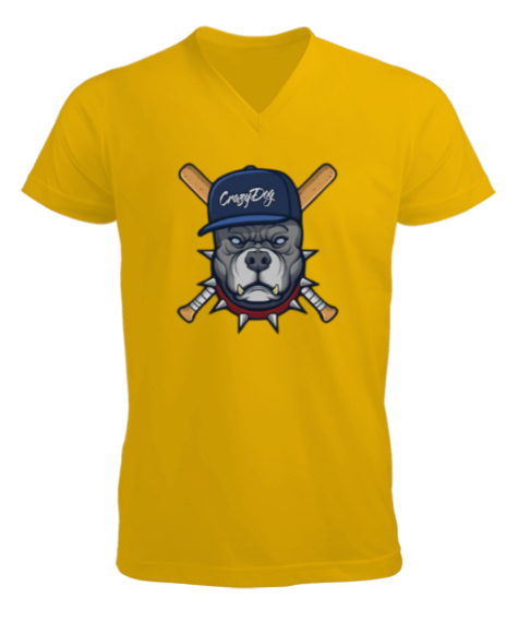 Tisho - Crazy dog baskılı Sarı Erkek Kısa Kol V Yaka Tişört
