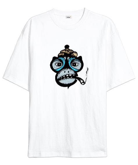 Tisho - Crazy Monkey - Şempaze - Maymun Beyaz Oversize Unisex Tişört