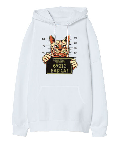Tisho - Criminal Cat Beyaz Oversize Unisex Kapüşonlu Sweatshirt