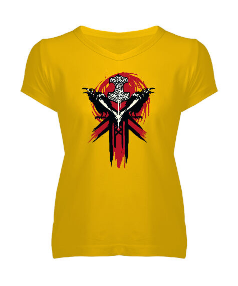 Tisho - Crows - Kargalar Sarı Kadın V Yaka Tişört
