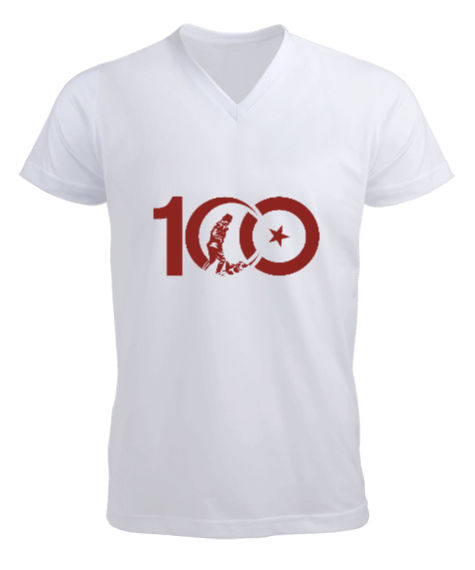 Tisho - CUMHURİYETİN 100. YILI ANITKABİR GAZİ MUSTAFA KEMAL ATATÜRK TEMALI Beyaz Erkek Kısa Kol V Yaka Tişört