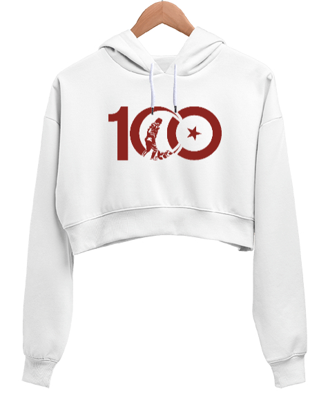 Tisho - CUMHURİYETİN 100. YILI ANITKABİR GAZİ MUSTAFA KEMAL ATATÜRK TEMALI Beyaz Kadın Crop Hoodie Kapüşonlu Sweatshirt