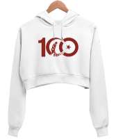 CUMHURİYETİN 100. YILI ANITKABİR GAZİ MUSTAFA KEMAL ATATÜRK TEMALI Beyaz Kadın Crop Hoodie Kapüşonlu Sweatshirt - Tisho