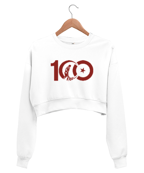 Tisho - CUMHURİYETİN 100. YILI ANITKABİR GAZİ MUSTAFA KEMAL ATATÜRK TEMALI Beyaz Kadın Crop Sweatshirt
