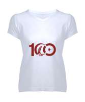 CUMHURİYETİN 100. YILI ANITKABİR GAZİ MUSTAFA KEMAL ATATÜRK TEMALI Beyaz Kadın V Yaka Tişört - Tisho