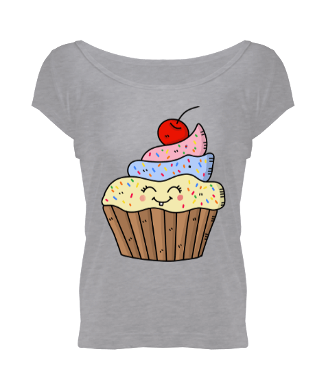 Tisho - Cupcake Baskılı Kadın Geniş Yaka Tişört Kadın Geniş Yaka Tişört