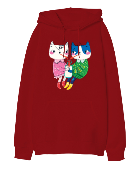 Tisho - cute cat ,its winter time Kırmızı Oversize Unisex Kapüşonlu Sweatshirt