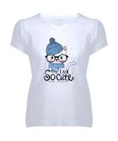 Cute Cat - Sevimli Kedi Beyaz Kadın V Yaka Tişört - Tisho