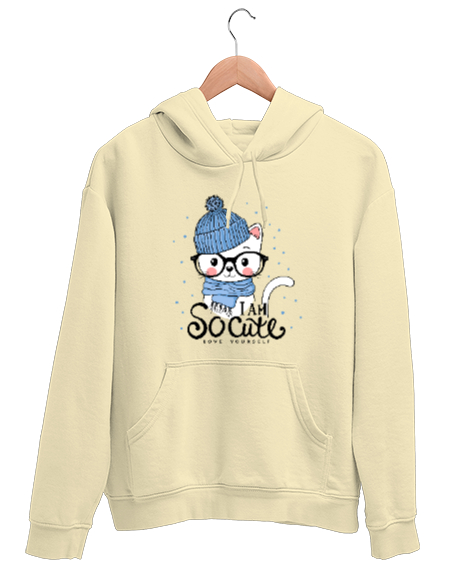 Tisho - Cute Cat - Sevimli Kedi Krem Unisex Kapşonlu Sweatshirt