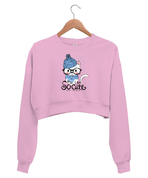 Tisho - Cute Cat - Sevimli Kedi Pembe Kadın Crop Sweatshirt