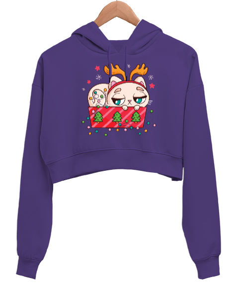 Tisho - cute cats ,hapy new years ,merry christmas tree Mor Kadın Crop Hoodie Kapüşonlu Sweatshirt