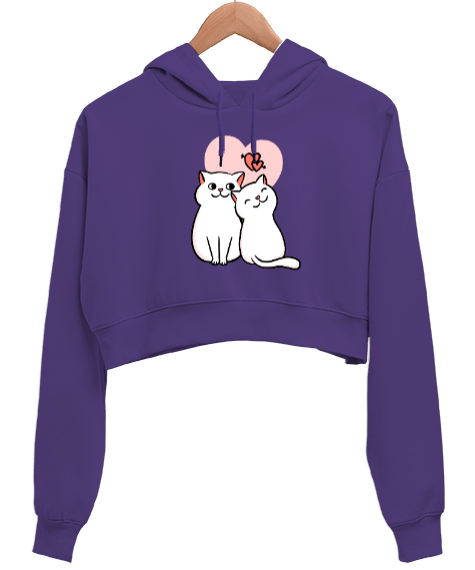 Tisho - cute cats Mor Kadın Crop Hoodie Kapüşonlu Sweatshirt