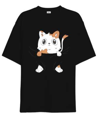 Cute Sevimli Cat Kedi Siyah Oversize Unisex Tişört - Tisho