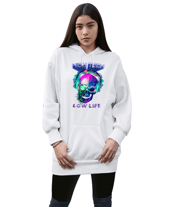 Tisho - Cyberpunk - High Tech Low Life Kadın Uzun Hoodie Kapüşonlu Sweatshirt