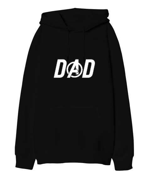 Tisho - Dad Avengers, Babalar Günü Baskılı Siyah Oversize Unisex Kapüşonlu Sweatshirt