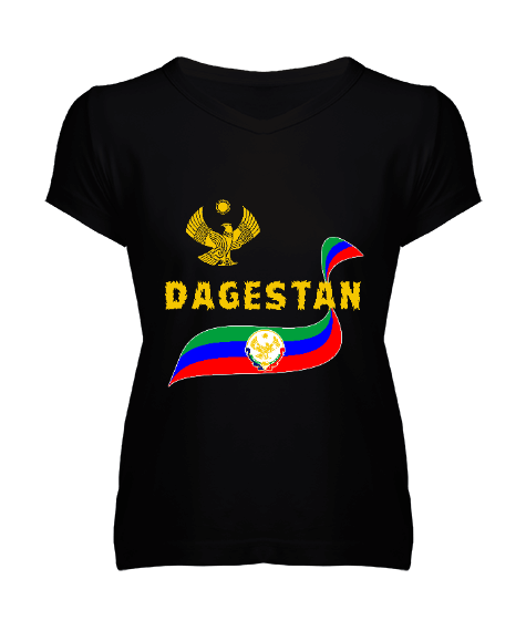 Tisho - Dağıstan,Kafkas,Dağıstan Bayrağı,Dağıstan logosu. Kadın V Yaka Tişört