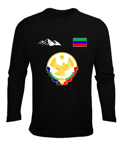 Tisho - Dağıstan,Kafkas,Dağıstan Bayrağı,Dağıstan logosu. Siyah Erkek Uzun Kol Yazlık Tişört