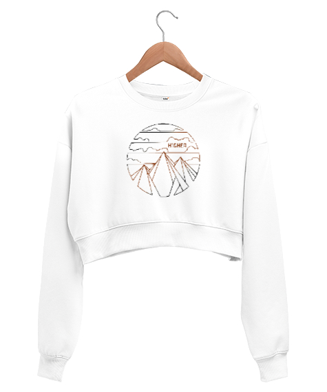 Tisho - Dağlar ve Bulutlar - Yüksekler Beyaz Kadın Crop Sweatshirt