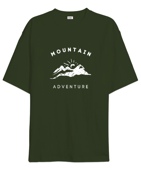 Tisho - Dağlar ve Macera Manzara ve Güneş Kampçı Dağcı Özel Tasarım Haki Yeşili Oversize Unisex Tişört