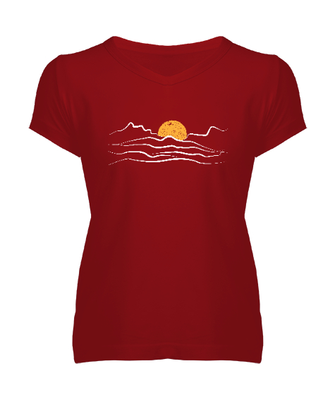 Tisho - Dağların Ardı Güneş Kırmızı Kadın V Yaka Tişört