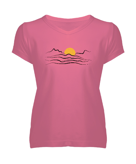 Tisho - Dağların Ardı Güneş Pembe Kadın V Yaka Tişört
