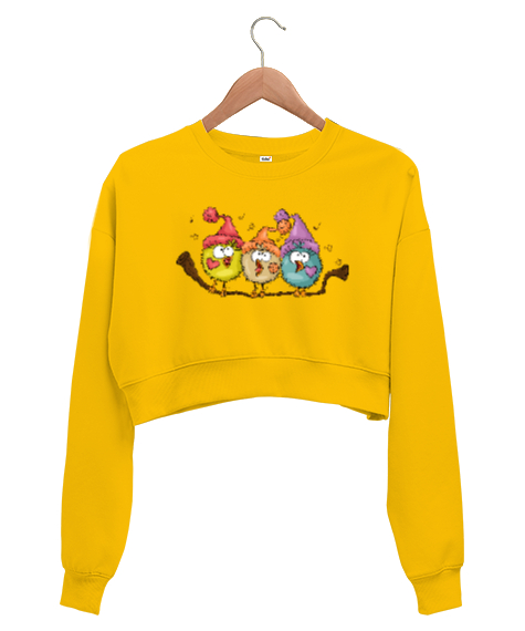 Tisho - Dalda Öten Kuşlar Sarı Kadın Crop Sweatshirt