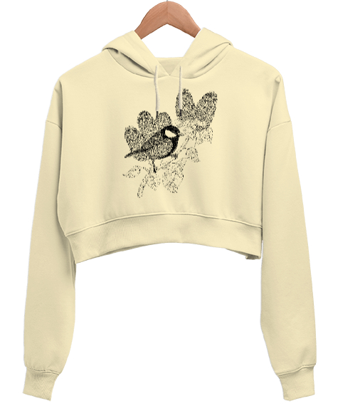 Tisho - Daldaki Kuş V2 Krem Kadın Crop Hoodie Kapüşonlu Sweatshirt