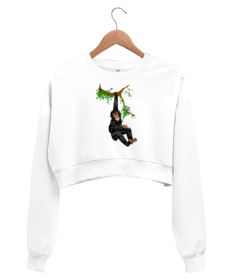 Tisho - Daldaki Maymun Beyaz Kadın Crop Sweatshirt