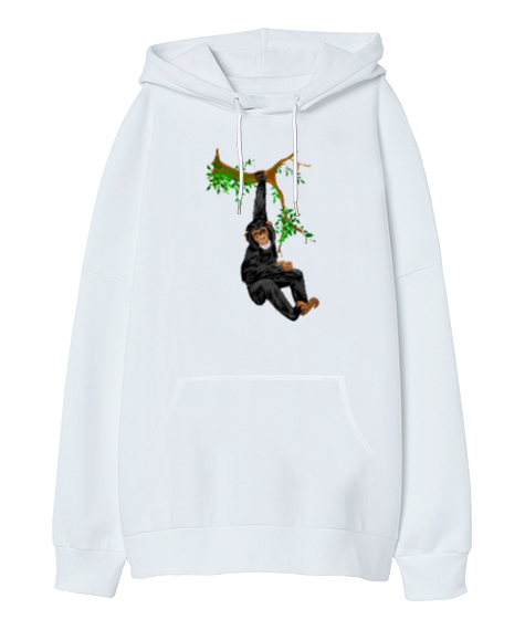 Tisho - Daldaki Maymun Beyaz Oversize Unisex Kapüşonlu Sweatshirt