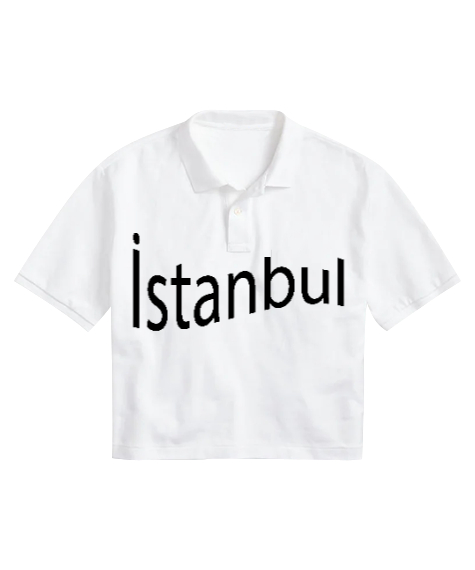 Tisho - Dalgalı İstanbul Yazılı Beyaz Kadın Crop Polo Yaka Tişört