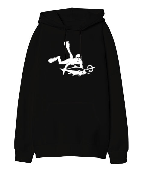 Tisho - Dalış, Zıpkın, Spearfish Siyah Oversize Unisex Kapüşonlu Sweatshirt