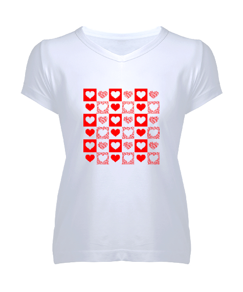 Tisho - Damalı Kırmızı Kalpler Beyaz Kadın V Yaka Tişört