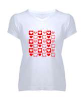Damalı Kırmızı Kalpler Beyaz Kadın V Yaka Tişört - Tisho