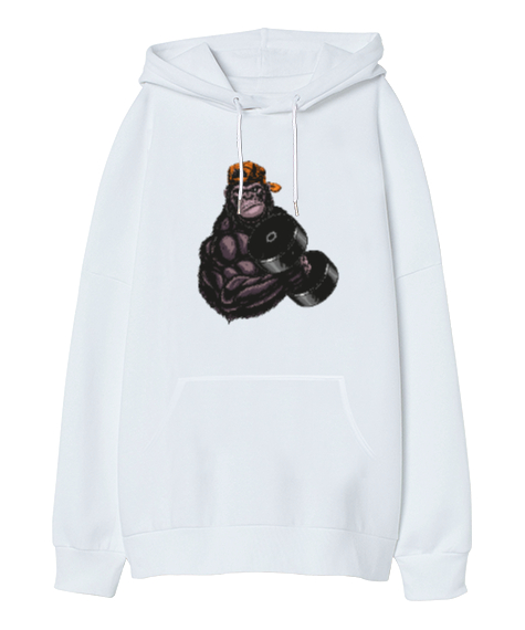Tisho - Dambılcu Goril Beyaz Oversize Unisex Kapüşonlu Sweatshirt