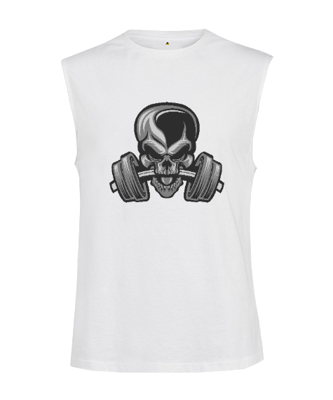 Tisho - Dambılı ısıran güçlü kurukafa fitness motivasyon Beyaz Kesik Kol Unisex Tişört