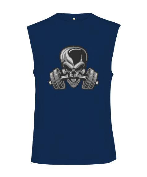 Tisho - Dambılı ısıran güçlü kurukafa fitness motivasyon Lacivert Kesik Kol Unisex Tişört