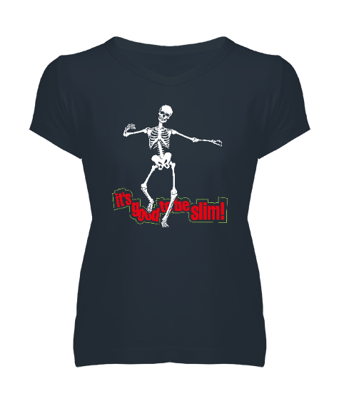Tisho - Dancing Skeleton - Dans Eden İskelet Füme Kadın V Yaka Tişört