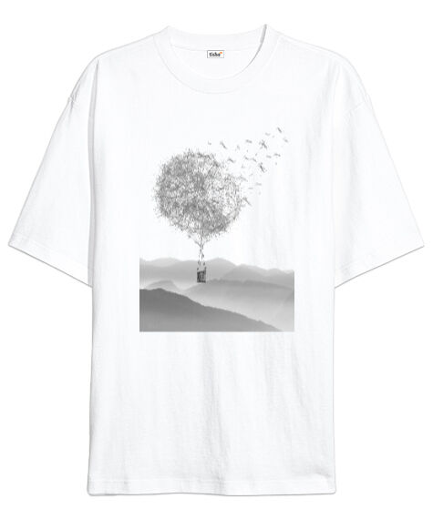 Tisho - Dandelion - Balon - Sürrealizm Beyaz Oversize Unisex Tişört
