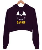 Danger - Tehlikeli ve Sevimli Koyu Mor Kadın Crop Hoodie Kapüşonlu Sweatshirt - Tisho