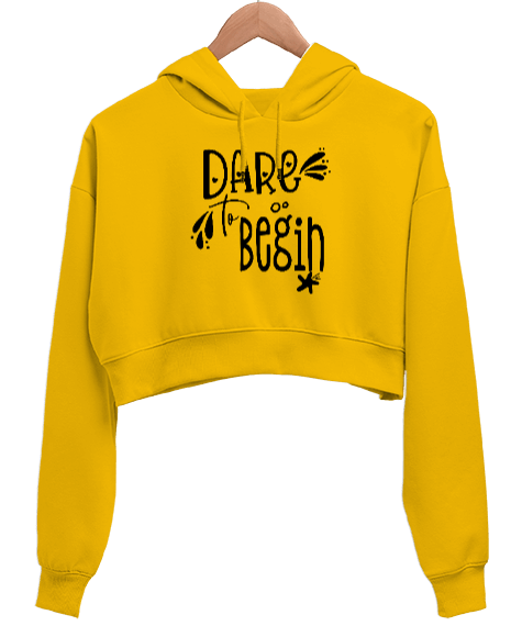 Tisho - Dare to Begin Baskılı Sarı Kadın Crop Hoodie Kapüşonlu Sweatshirt