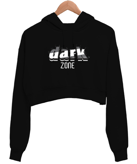 Tisho - Dark Zone - Karanlık Bölge Siyah Kadın Crop Hoodie Kapüşonlu Sweatshirt