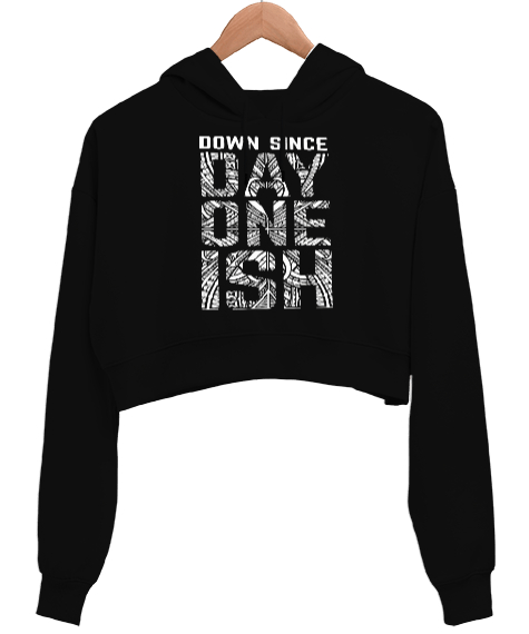 Tisho - day on ish Siyah Kadın Crop Hoodie Kapüşonlu Sweatshirt