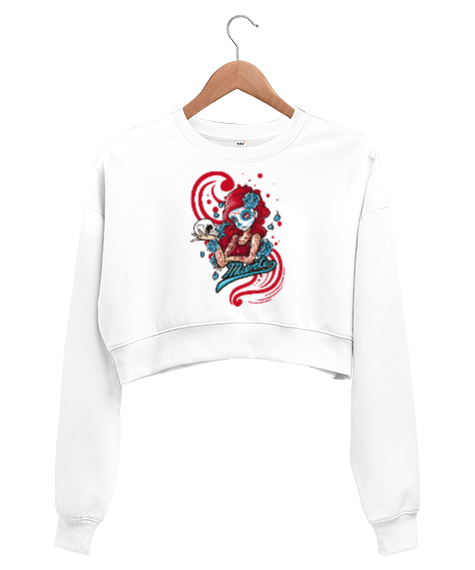 Tisho - DEAD GIRL Beyaz Kadın Crop Sweatshirt