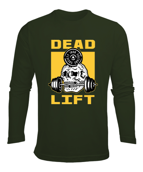 Tisho - Dead Lift Vücut Geliştirme GYM Bodybuilding Fitness Baskılı Haki Yeşili Erkek Uzun Kol Yazlık Tişört