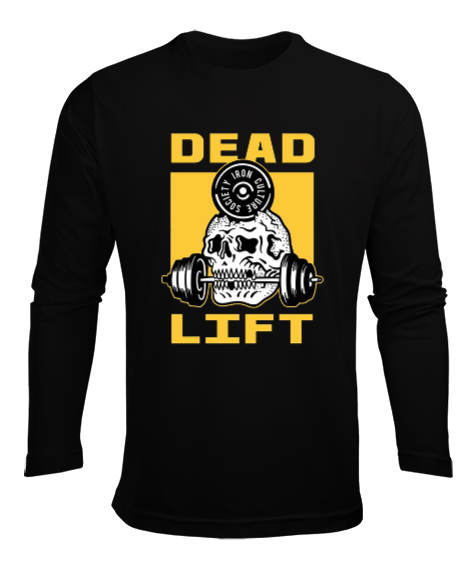 Tisho - Dead Lift Vücut Geliştirme GYM Bodybuilding Fitness Baskılı Siyah Erkek Uzun Kol Yazlık Tişört